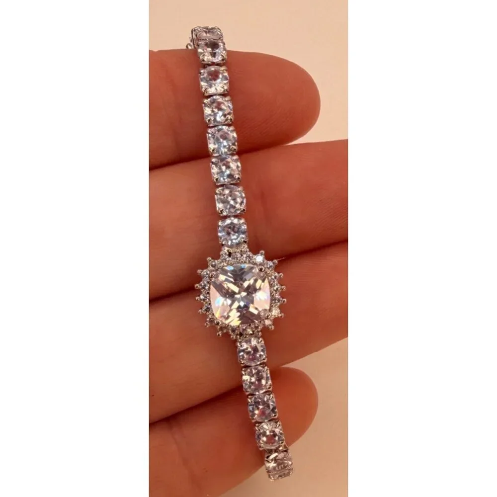 Vintage Swarovski‎ Crystal Tennis Bracelet Halo Center Sterling Overlay Slider
